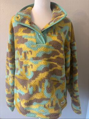 Cozy Fleece Pullover Sweater in Yellow, Aqua & Brown